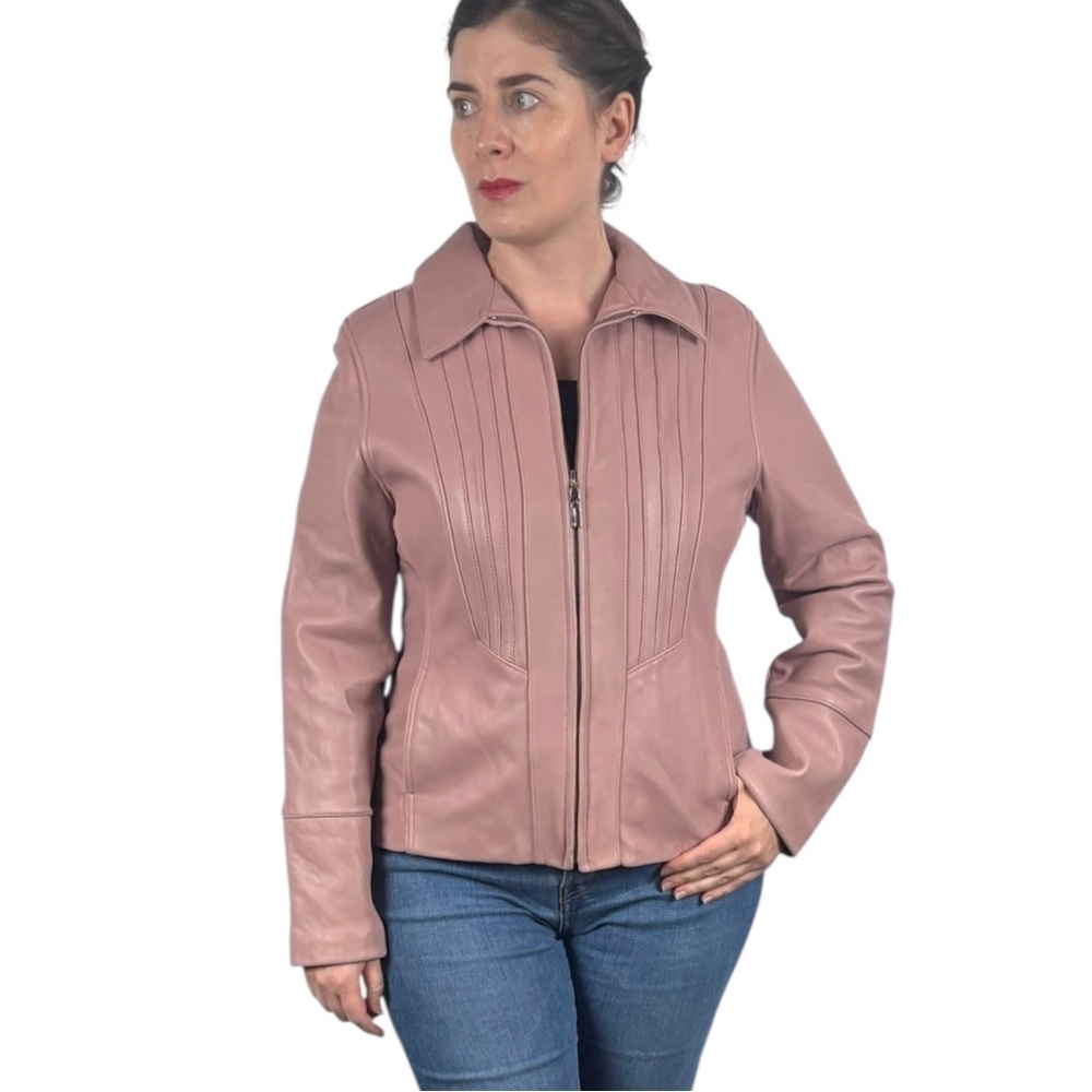 AVANTI LIGHT PINK LEATHER ZIP FRONT TAILORED COLLARED BLAZER Y2K JACKET